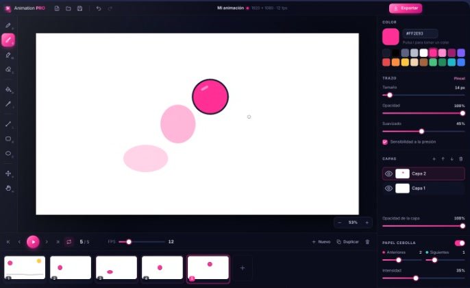 Interfaz de Animation PRO con herramientas, lienzo, panel de color, capas, papel cebolla y línea de tiempo